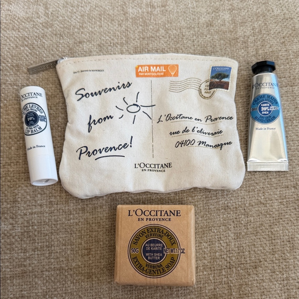 L'OCCITANE Cream Canvas Provence Pouch with Blue-Accented Skincare Trio